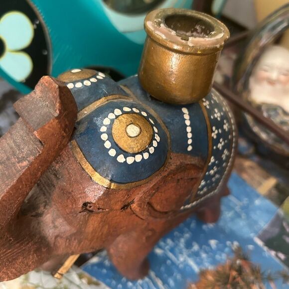 Wooden Hand Craved Elegant  Elephant Candle Stick Holder - Picture 9 of 16